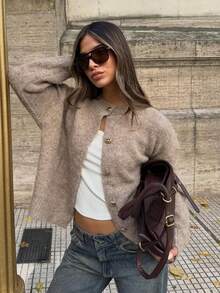 Women's Autumn/Winter Casual Elegant Commute Round Neck Metal Button Knit Cardigan, Simple Versatile, Office Commute Outfit - Apricot - View 5