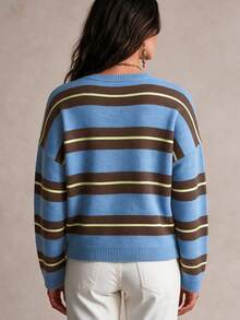 Plus Size Women's Striped Knit Pullover Sweater, Regular Fit Long Sleeve Round Neck Top For Autumn/Winter - Dusty Blue - View 3
