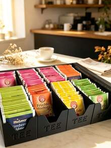 1/2 st nordisk teepåseförvaringsbox med utskuren TEE-logotyp, flerfacksorganisatör, platsbesparande förvaringsbehållare för bänkskiva för teepåsar och kaffepinnar till hem och kontor, presentalternativ - Svart - Visa 5