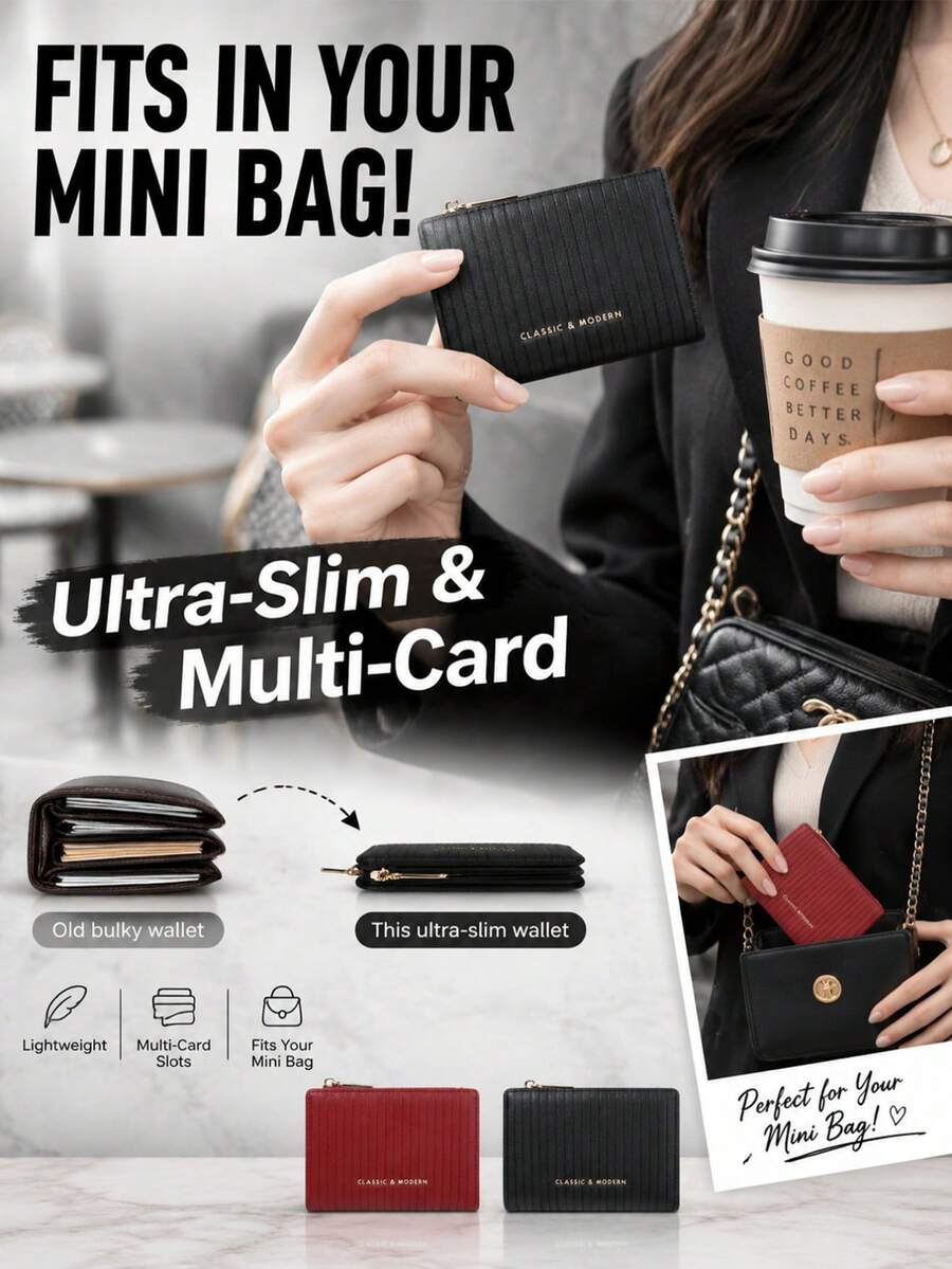 Carteras Para Mujer Vertical Ribbed PU Leather Short Wallet, Zip Around Card Holder With Coin Pocket, Classic Style - Multicolor - View 1