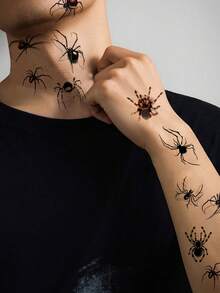 10 Sheets/Pack Spider Pattern Tattoo Stickers For Halloween Party Body Decor, Waterproof Spider Web Temporary Tattoos For Women Men, Halloween Cosplay Face, Neck, Arm And Body Stickers Fake Tattoo - Black - View 2