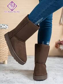 Women's Plus Size Snow Boots, Autumn/Winter New Solid Color Round Toe Thick Sole Warm Lining Slip-On Flat Mid-Calf Boots - Brown - View 4