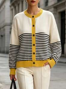 GIGOGOU Plus Size 1XL-4XL Women's Autumn/Winter Colorblock Striped Knit Cardigan, Round Neck Front Button Long Sleeve Casual Knit Jacket - Yellow - View 4