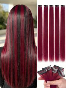 5pcs/Set Burgundy Hair Clips Hair Extensions For Women, Synthetic Fiber Wigs Suitable For Various Hairstyles Without Salon Dye, Suitable For Daily And Party Occasions, Halloween - Burgundy - View 2