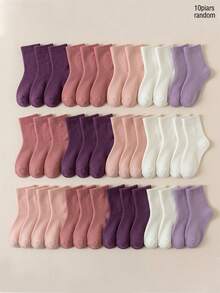 10 Pairs Girls' Terry Socks, Pink, Purple, White, Solid Color, Autumn/Winter Style, Children's Terry Socks, Soft & Warm, Thick, Simple Mid-Calf Socks, Cute, Fashionable, Versatile, Suitable For Daily Wear, Random Colors - Multicolor - View 5