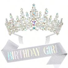 Princess Birthday Girl Crown Tiara Sash Rhinestone Crystal Crown Glitter Sash For Girls Birthday Party Headband Hair Accessories - Multicolor - View 13