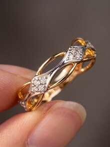 1pc Women Two-Tone Interwoven Twisted Pave Cubic Zirconia Ring, Gold & Silver Tone Openwork Diamond Cluster Dainty Stackable Ring Minimalist Jewelry - Multicolor - View 2