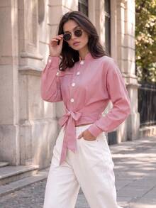 Women's Pink Striped Polyester Shirt, Stand Collar With Front Tie, Long Sleeve Button-Up, Fashionable Style - Multicolor - View 4