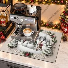 1pc Christmas Theme Snowman Print Pattern Dish Drying Mat, Kitchen Countertop Bowl & Plate Rubber Bottom Drying Pad, Party Decoration, Super Absorbent Stain Hiding Dish Drying Mat, Soft Diatomaceous Earth With Rubber Backing Multi-Functional Kitchen Home Mat, Suitable For Coffee Machine & Dish Rack Quick Dry Mat, Kitchen Countertop Coffee Mat & Bowl Drying Pad - LL LSD002 - View 3