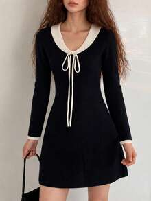 Women's Knitted Mini Sweater Dress, Contrast Collar And Drawstring Design, Long Sleeve Slim Fit Autumn/Winter Casual Style - Black - View 1