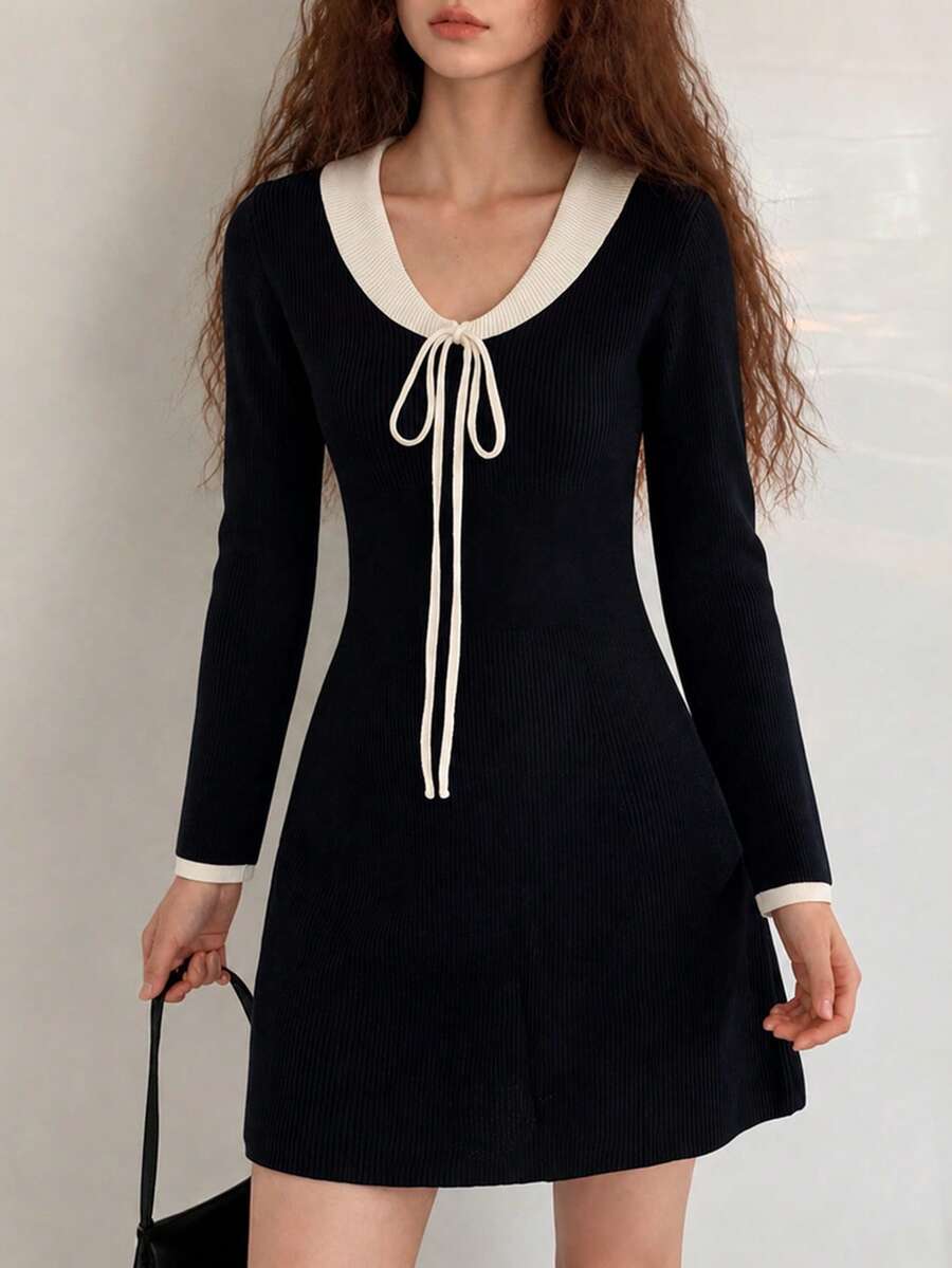 Women's Knitted Mini Sweater Dress, Contrast Collar And Drawstring Design, Long Sleeve Slim Fit Autumn/Winter Casual Style - Black - View 1