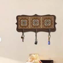 1pc Vintage Inlaid Tile Wooden Wall Hook Rack, Ornate Scalloped 3‑Hook Wall‑Mounted Hanger, For Entryway Hallway Home Wall Dec - Multicolor - View 2