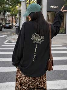 女款秋冬寬鬆簡約百搭荷花印花長袖T恤休閒風 - 黑色 - 查看 3