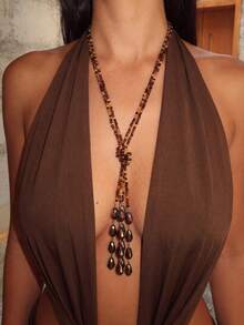 1pc Heavy Work Long Layered Black Coffee Faceted Beaded Crystal Tassel Necklace Women's Evening Dress Jewelry - Necklace - View 2