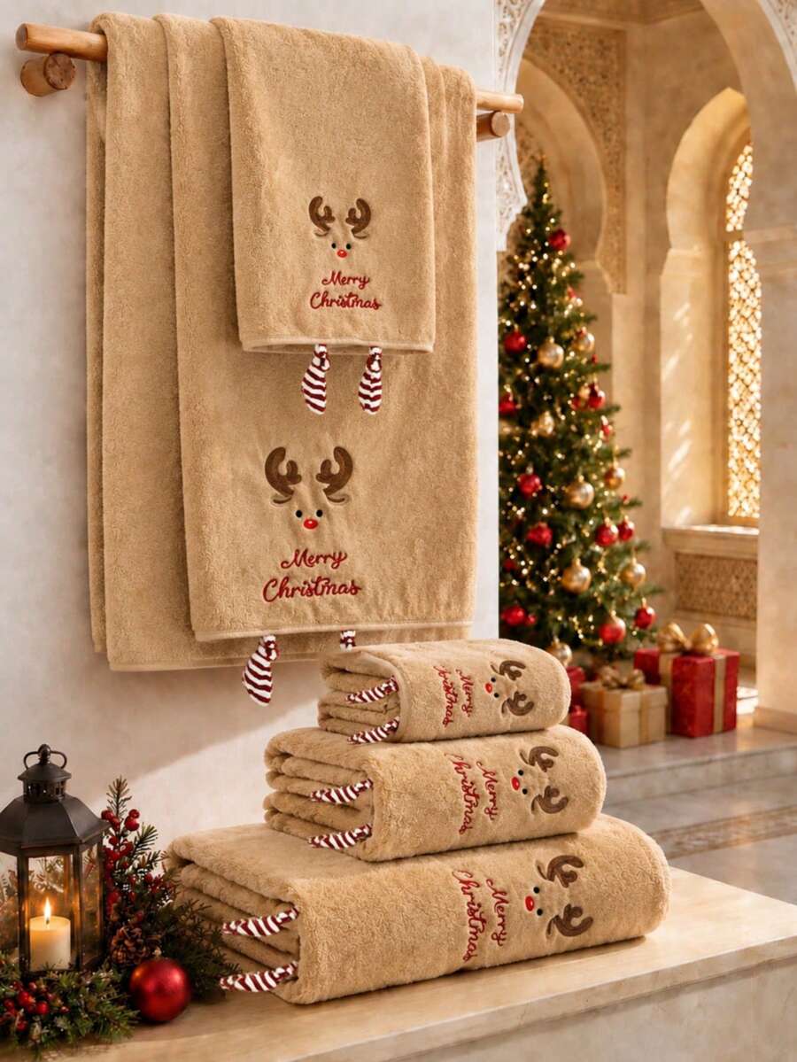1pc/2pcs Soft Coral Fleece Christmas Towel With Snowman, Reindeer, Santa Claus Design, Quick Dry, Non-Shedding, Sauna Towel, Highly Absorbent, Lightweight, Guest Towel, Bathroom Decor, Advent Gift, Christmas Best Gift, Towel Size 34*75, Bath Towel Size 70*140 Shower Towels For Beauty Salon, Hotel Sports,Home Essentials, Towel, Skin Care - Khaki - View 1