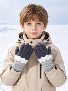 1 Pair Boys Wavy Color Block Knit Screen Gloves, Soft Warm Full‑Finger Gloves For Kid Winter Daily Outdoor Activities - 1Pair - View 2