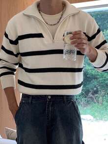 1pc Boys' Korean Style Versatile Striped Colorblock Polo Collar Sweater, Spring/Autumn/Winter - Black and White - View 4