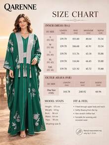 Silver Floral Embroidered 2‑Piece Kaftan Set, Batwing Sleeve Tassel DecorOpen Robe With Belt & Inner Dress,Loose Floor‑Length Formal Evening Maxi Gown - Green - View 5