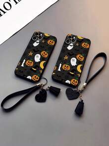 1pc Halloween Painted Thick Anti-Drop Phone Case Shell Protective Cover With Additional Accessories New Leather Heart-Shaped Hand Strap DIY Phone Case Pendant Leather Rope Tassel Short Wrist Strap Charm Compatible With IPhone Compatible With Samsung Galaxy Compatible With Xiaomi 11/12Pro Compatible With Redmi - Multicolor - View 2