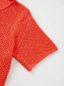 Spring/Summer New Women's Y2K Orange Knit Top, Round Neck Short Sleeve Argyle Pattern Sequin Knit Top, Casual Beach Party - Orange - View 10