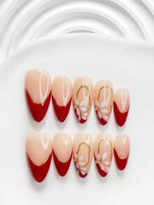秋季 10 件組浪漫法式手工穿戴甲，Polygel 美甲套組，花卉紅色指甲油，優雅甜美風，附美甲工具，3 種尺寸可選，方型/短方型/杏仁形，適合派對、跳舞、日常配戴（手工細節可能有所不同） - 彩色 - 查看 19