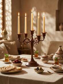 1Pc Retro Carved Alloy Candelabra, Imitation Wood‑Grain 3/5 Arms Candle Stick Holder, Centerpiece For Dining Table, Wedding, Ramadan, Party Home Ornament. - Classic - View 11
