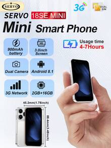 SERVO 18SE Mini Smartphone, Sistem Operasi Android 8.1, WCDMA Dual SIM Dual Standby Jaringan 3G, Layar HD 3.0", Kamera Ganda, RAM 2GB + ROM 16GB, Ponsel Mini Portabel - Perak - View 3