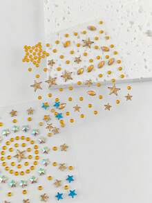 2pcs Star Face Rhinestone Sticker Set, Self-Adhesive Facial & Body Water Diamonds, Rainbow Blue Mixed Color Stars + Pure Gold Star Eye Makeup Glitter, Suitable For Electronic Music Festival, Halloween Party Cosplay - Multicolor - View 7