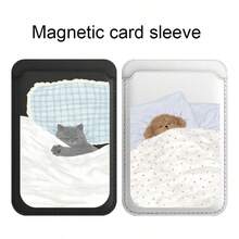 Autumn Winter Sleepy Dog Cat Magnetic Card Holder Compatible With Iphone 17 Pro Max, PU Leather Card Sleeve, Cute Cartoon Phone Card Pouch - Multicolor - View 1