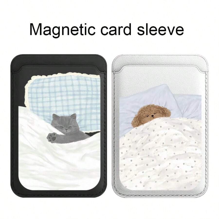 Autumn Winter Sleepy Dog Cat Magnetic Card Holder Compatible With Iphone 17 Pro Max, PU Leather Card Sleeve, Cute Cartoon Phone Card Pouch - Multicolor - View 1
