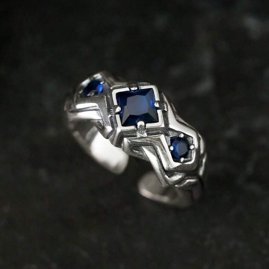 CIREY 1pc Vintage Lone Star Blue Sapphire Ring, Men's Thai Silver Open Band Ring, Unique Niche Design - Lone Star Ring - View 1