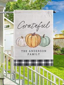 1PC Customizable Family Name Autumn Thanksgiving Garden Flag, Watercolor Pumpkin Black & White Plaid Patchwork Illustration Wall Decor, Linen Double-Sided Yard Decorative Flag, Harvest Thanksgiving Outdoor Yard Balcony Home Decor Hanging Flag (Flag Pole Not Included) - Multicolor - View 4