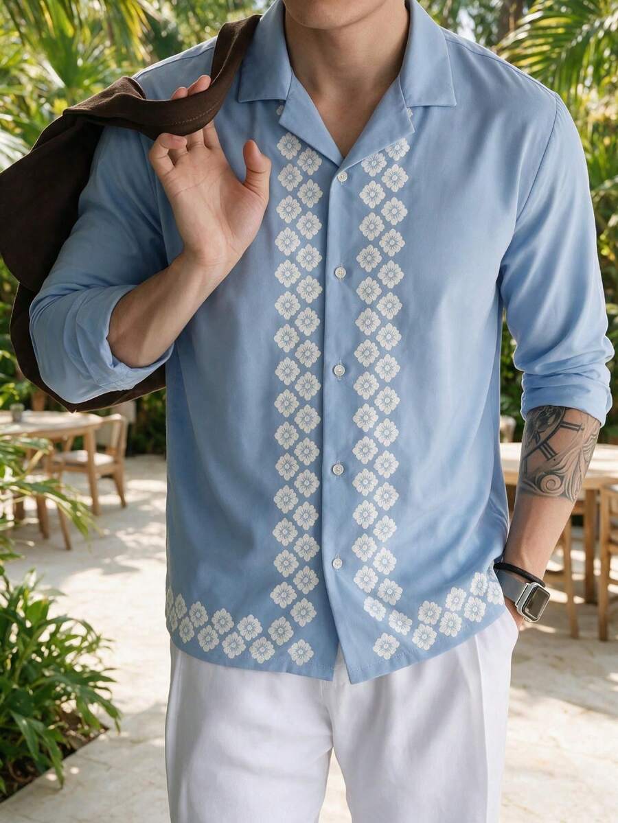 Men's Floral Trim Cuban Collar Long Sleeve Shirt, Light Blue Casual Button-Up Top - Multicolor - View 1