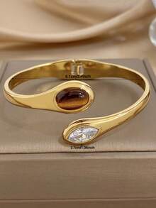 1pc Vintage Double Head Tiger Eye Stone Bangle Bracelet For Women Stainless Steel Golden Bangle Bracelet For Party Birthday Christmas Jewelry Gifts - Multicolor - View 10