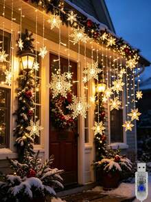 1pc Warm Tone LED Snowflake Curtain Light, 13ft/4m 96 LED Beads, 8 Modes, Indoor Decoration, Suitable For Christmas, Valentine's Day, Birthday Gift, Create Winter Atmosphere - Snowflake Curtain Lights - View 3