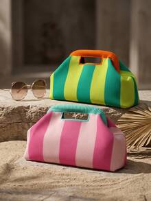 New Fashion Colorblock Striped Knit Handle Tote Bag, Foldable Clutch, Women's Wallet, Suitable For Party, Travel, Campus Daily Use - Color-blocked Stripes - View 4