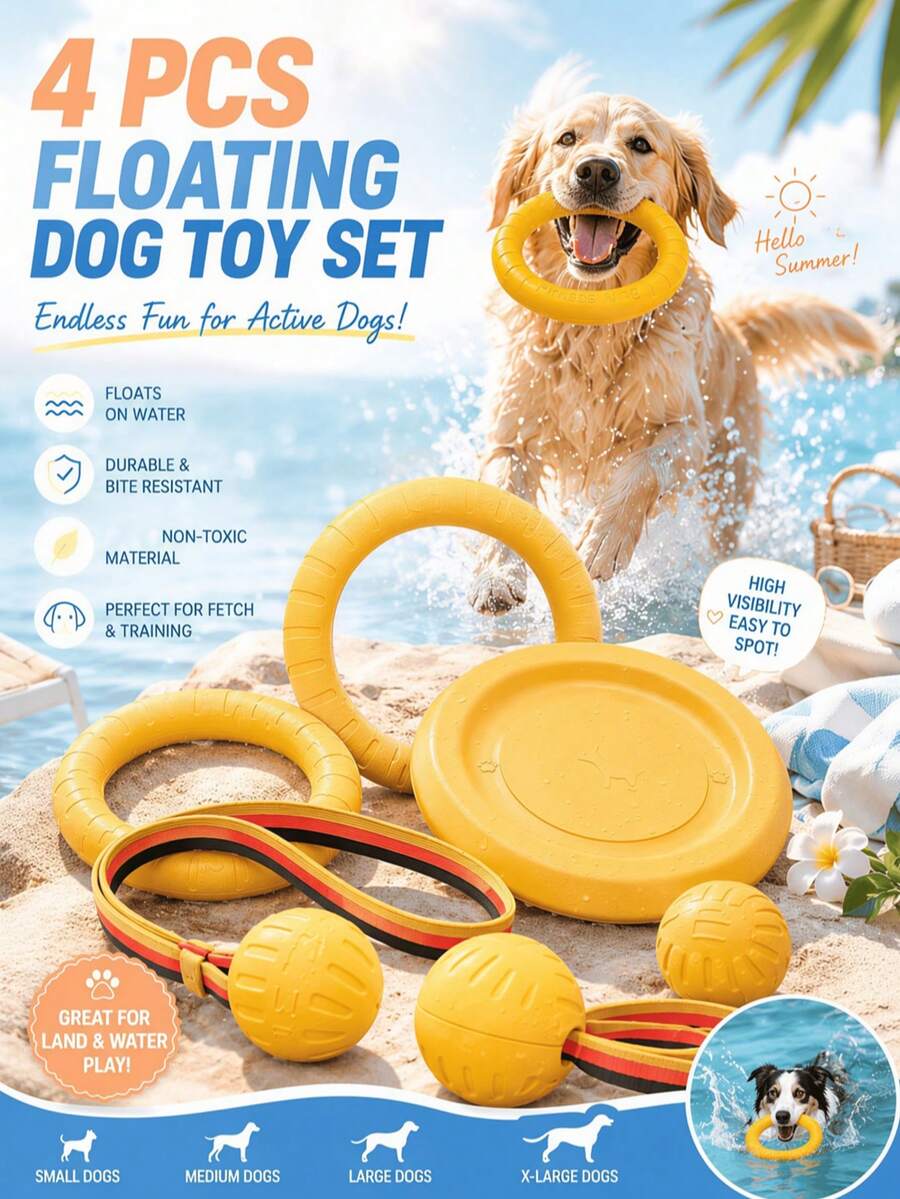 Set Mainan Anjing Tahan Lama 4 Buah, Mainan Latihan dengan Fungsi Lempar yang Sangat Baik, Cocok untuk Penggunaan di Dalam dan Luar Ruangan, Mainan Kunyah untuk Anjing Sedang hingga Besar, Mainan Pantul Interaktif, Latihan di Luar Ruangan dan Permainan Air - MultiWarna - View 1