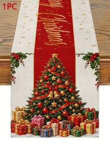 Vintage Country Style Christmas Tree Table Runner, Pillow Case, Placemat With Red Ribbon, Gold Bell, Gift Box And Holly Pattern, European And American Holiday Table Decor, Long Party Decoration - Multicolor - View 13