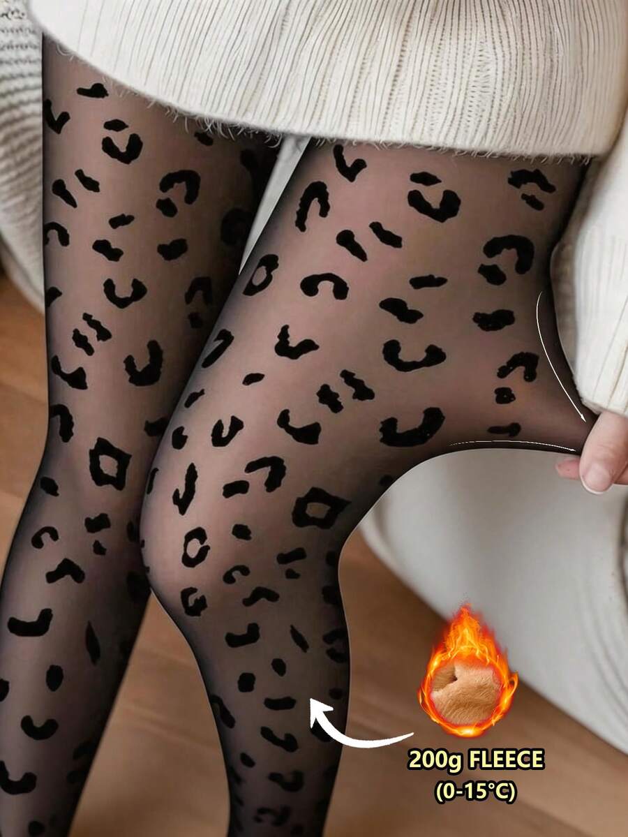 1pc Women Leopard Print Fleece Lined Tights,200g Fleece,For 0‑15℃,Stretchy Warm Patterned Pantyhose,Winter Daily Wear - Multicolor - View 1