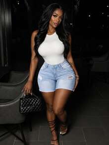 Women's Summer Fashion Streetwear Style Washed Distressed Denim Shorts, Comfortable Fit - Blue - View 1