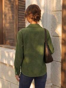 Women's Green Fine Striped Button Front Shirt Collar Top, Long Sleeve Regular Fit Polyester Blouse, Suitable For Autumn Commute - Olive Green - View 4
