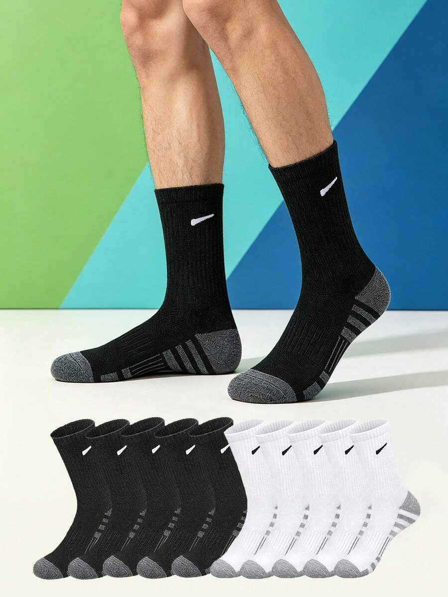 1/5/10/20 Pairs Men's Small Hook Pattern Mid-Calf Socks, Striped Sole Design, Simple Versatile, Comfortable Soft Sports Running Socks - Multicolor - View 1