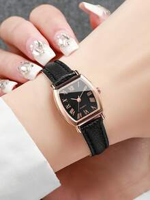 Women's Elegant Fashion Leather Strap Barrel-Shaped Dial Quartz Wristwatch Set (5pcs/Set) Casual, Watch Box Not Included - Multicolor - View 2