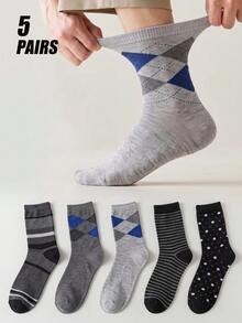 5 Pairs Men's Business Mid-Calf Socks, Argyle & Striped Combination Dress Socks, Soft & Comfortable Daily Wear Socks For Casual And Office Use - Multicolor - View 6