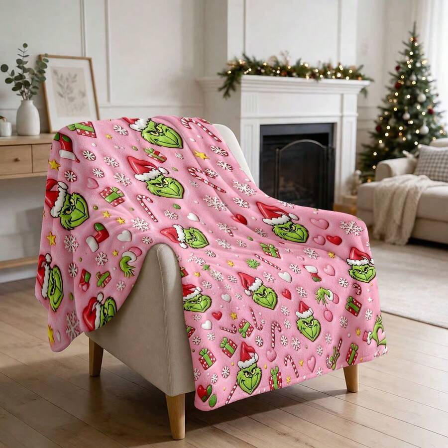 The Grinch Soft & Comfortable 1pc All-Over Print Modern Flannel Christmas Nap Blanket - Christmas Tree - Polyester Nap Blanket - Digital Printing, Suitable For Sofa, Bed, Travel, Office Home Decor - Multicolor - View 1