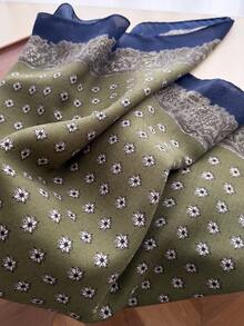 1pc Luxury Brand Diamond & Herringbone Print Tie Scarf, Linen Faux Velvet Material, Beach Shawl Headscarf, Travel Accessory - Army Green - View 3