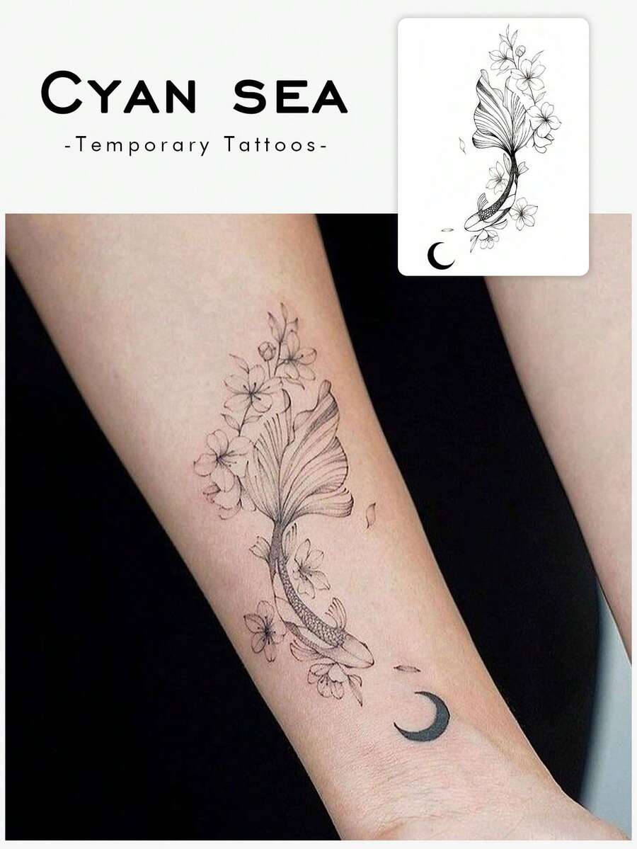 1 buah Stiker Tato Temporer, Pola Ikan Koi, Bunga, dan Bulan Garis Hitam-Putih, Desain Tato Palsu Realistis, Untuk Pemakaian Sehari-hari, Suvenir Pesta Lajang, Festival Musik, Permainan, Hadiah Wisuda, Bertahan 3-5 Hari - Hitam - View 1