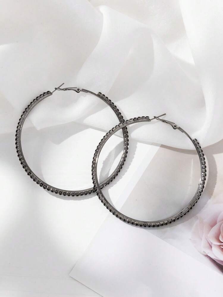 1 Pair Women's Rhinestone Round Earrings, Black Tone, Daily & Holiday Wear, Atmospheric Ear Jewelry - Black E192 - View 4