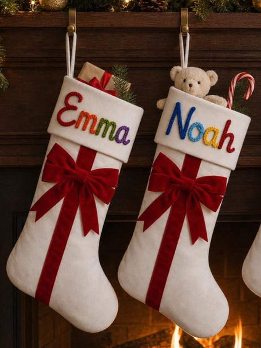 1pc Customized Name Velvet Christmas Stocking With Large Bow, Embroidered Name Christmas Hanging Stocking For Home Fireplace Decor, Family Holiday Christmas Gift - Multicolor - View 1