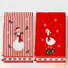 2件組聖誕廚房抹布套裝，可愛鵝朵冬青雪花印花聖誕居家廚房裝飾手巾 - 紅色 - 查看 10